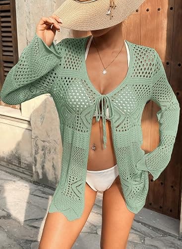 SHEWIN Crochet Cardigans for Women Long Sleeve Tie Front Bow Cardigan Sweaters Hollow Out Knit Summer Beach Vacation Coverups thumbnail 5