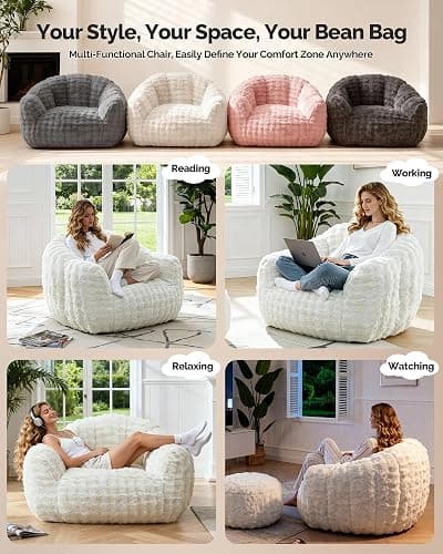 KINGYES Giant Bean Bag Chair, Fluffy Bean Bag Chair with Armrest, Memory Foam Beanbag for Adults, Beige(Pillow not Included) thumbnail 7