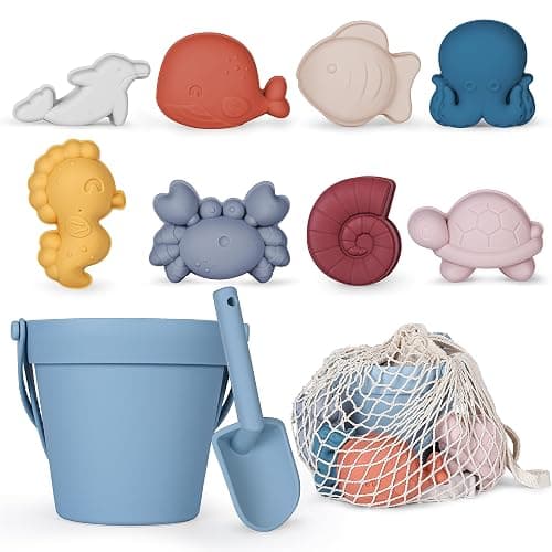 MarcZero 11Pcs Silicone Beach Toys,Modern Baby Beach Toys,Travel Friendly Beach Set,Silicone Bucket, Shovel, 8 Sand Molds, Beach Bag,Silicone Sand Toys for Toddlers, Kids (Blue) - Image 1