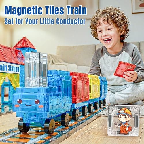 SKTMYY Magnetic Tiles Train Toys, Train Station Magnet Tiles for Kids Ages 4-8 with Magnetic Tiles Cars, Preschool Classroom Educations STEM Learning Montessori Toys Gifts for Toddler Boys and Girls thumbnail 5