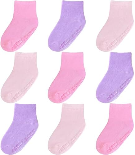 Baby Mid-Crew Socks with Grips (9 Pairs) for 0-7 Years Old Toddler Boy Girl Kids - Image 1