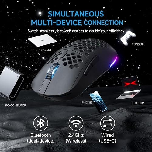 TMKB Falcon M1 Wireless Gaming Mouse, 24000DPI Optical Sensor, 180Hrs Battery, Lightweight, 6 Programmable Buttons, RGB Strip, 2.4G/BT5.2/USB-C Wired for PC/Mac/Laptop - Matte Black thumbnail 3
