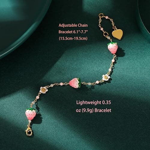 Women's Stylish Versatile Bracelet - Elegant White Flower, Pink Strawberry Charm, Fresh & Sweet Bohemian Design Jewelry, Perfect Friendship Gift for Friends & Loved Ones thumbnail 4