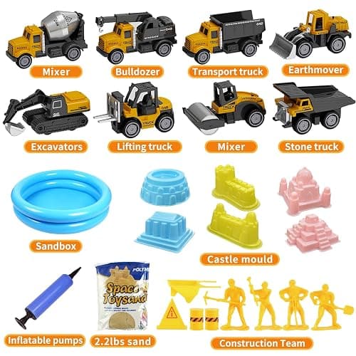 HONGTUO Play Construction Sand Kit, 2.2lbs Magic Sand, Inflatable Sandbox | 8 Alloy Construction Vehicles, 8 Worker Figures, Road Signs, 6 Castle Molds, Storage Box, Sensory Toys, Gift for Kids Ages 3+ thumbnail 2
