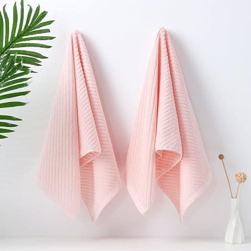 PiccoCasa Set of 2, Pink Ribbed Hand Towels for Bathroom 13 x 29 Inch 100% Cotton Soft Absorbent Soft Feeling Fast Drying Towels Hotel Spa Towel Face Towel - Pink thumbnail 2