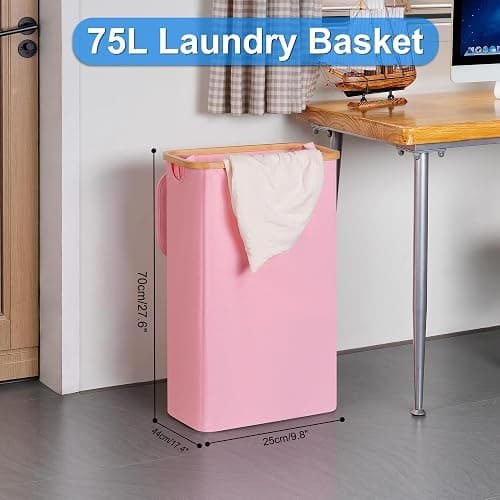 efluky Slim Laundry Basket with Lid, Narrow Laundry Hamper with Removable Bag, Skinny Dirty Clothes Basket with Bamboo Handles for Bathroom, Bedroom & Laundry Room, 75L Pink thumbnail 3