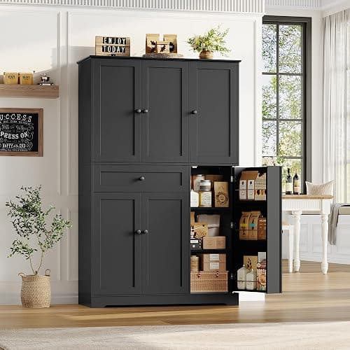 HOSTACK 68" Tall Kitchen Pantry Storage Cabinet, Modern Kitchen Hutch Cabinet with Doors and Shelves, Freestanding Food Pantry with Large Storage Drawer for Dining Room, Living Room, Black thumbnail 5