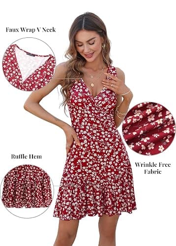 FENSACE Women's Summer Sleeveless Sexy Wrap V Neck Floral Sundress Mini Dress thumbnail 5