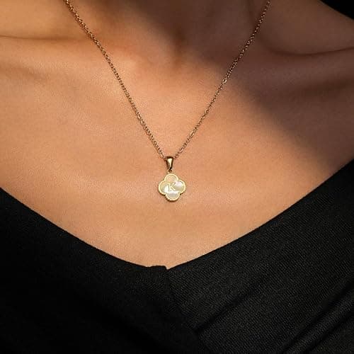 Zocqol 14K Gold Plated Clover Initial Necklaces for Women Trendy: Dainty Stainless Steel Four-Leaf Clover Letter Necklace for Women Non Tarnish Shell Necklace thumbnail 2