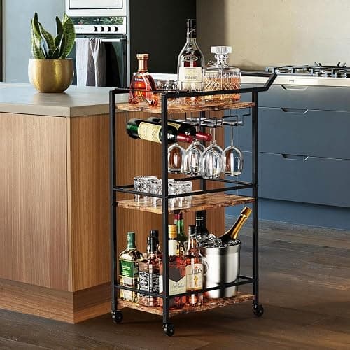 LOTEYIKE 3 Tier Bar Cart, Mini Liquor Utility Cart for Wine Beverage Dinner Party, Rolling Wine Coffee Drink Serving Cart with Lockable Wheels for Home Kitchen Bars (Rustic Brown) thumbnail 6