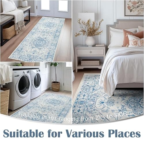 jinchan Area Rug 5x7 Medallion Floral Washable Rug Accent Floor Cover Non Slip Living Room Vintage Mat Retro Thin Soft Carpet for Bedroom Dining Room Kitchen Distressed Blue thumbnail 4