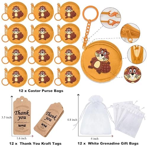 Elecrainbow 36 Pack Beaver Change Purses Set Include 12 Wallets with Keyring, 12 Thank You Tags and 12 Organza Bags for Safari, Jungle,Wild Birthday, Castor Decoration,Khaki thumbnail 3