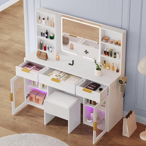 DWVO 56.3" Makeup Vanity with LED Lighted Mirror, Large Vanity Desk with RGB Glass Cabinets, Open Shelving, Built-in Power Strip & Cushioned Stool thumbnail 5