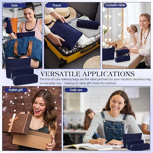 Huhumy 3 Pcs Corduroy Makeup Bag Set for Women, Dark Blue, Solid Style | Cosmetic Pouch Aesthetic Travel Toiletry Bag Cute Purse Pouch Makeup Brushes Storage Organizer with Zipper thumbnail 7