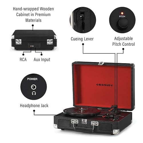 Crosley CR8005F-BK Cruiser Plus Vintage 3-Speed Bluetooth in/Out Suitcase Vinyl Record Player Turntable, Black/Red thumbnail 3