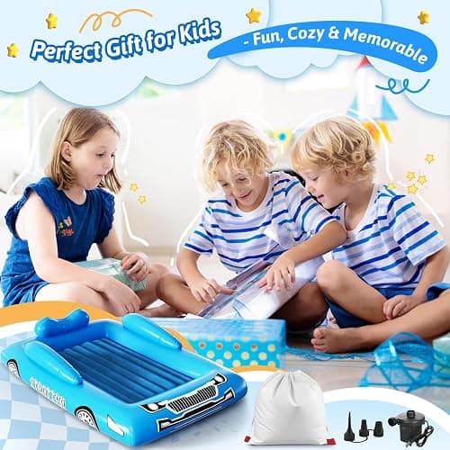Inflatable Toddler Travel Bed with Tent – Foldable Portable Toddler Bed Cot - Blow Up Kids Air Mattress with Safety Bumper, Pump Carry Bag – Indoor Outdoor Nap Bed for Home, Camping, Hotel (Blue Car) thumbnail 7