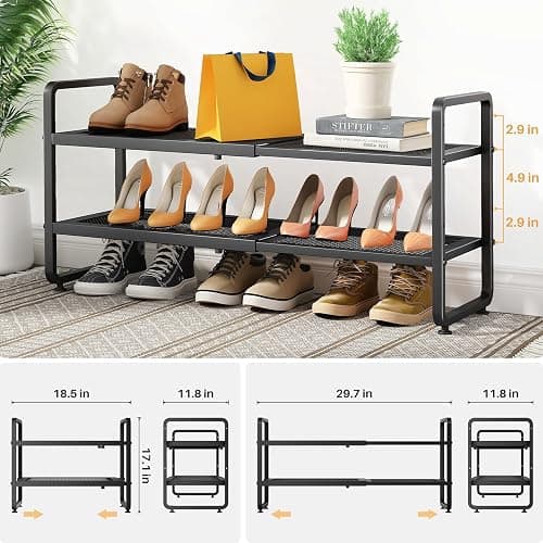 SNTD Shoe Rack - Expandable Shoe Organizer for Closet, Adjustable Metal Shoe Shelf Storage, Stackable Long Shoe Stand Holder for Garage, Entryway, Door Entrance (Black, 2-Tier) thumbnail 3