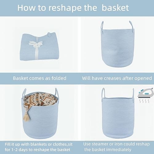 XUANGUO Cotton Rope Laundry Basket Hamper for Clothes Woven Storage Basket for Living Room Bedroom Boho Tall Rope Baskets for Blanket Toys Pillow Towels Baby Nursery Hamper Bin light blue thumbnail 6