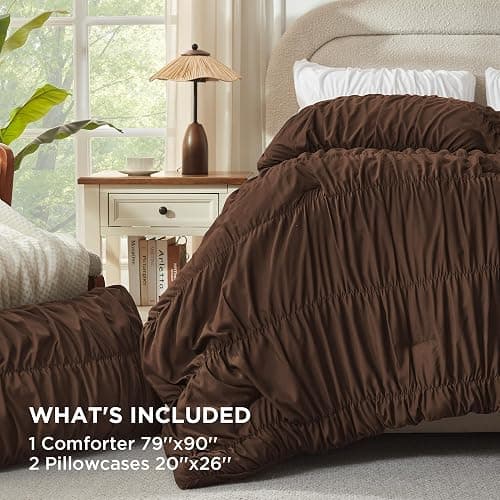Andency Ruched Brown Full Size Comforter Sets, Shabby Chic Pleatd Bedding Sets 3 Pieces, Lightweight Soft Boho Ruffle Bed Set for Girls, Kids, Women, All Season thumbnail 6