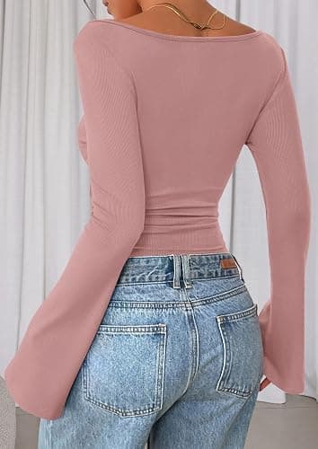 PRETTYGARDEN Women's Long Sleeve Shirts 2025 Fall Crop Going Out Tops Casual Boat Neck Bell Sleeve Ribbed Ruched Y2K Clothes thumbnail 6
