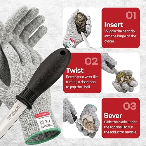 Rockland Guard Professional Oyster Shucking Kit - 3.5” Heavy Duty Stainless Steel Oyster Shucking Knife and Level 5 Cut Resistant Gloves, Clam Opener Shucker and Seafood Tool Gift Set, Medium thumbnail 5