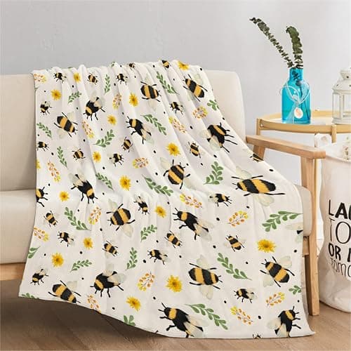 Sunflower Floral Bee Blanket - Plush Flannel Throw for Couch, Bed, Sofa - 40"x50" Flower Decor for Girls Boys - Gift for Bee Lovers - All Seasons thumbnail 2
