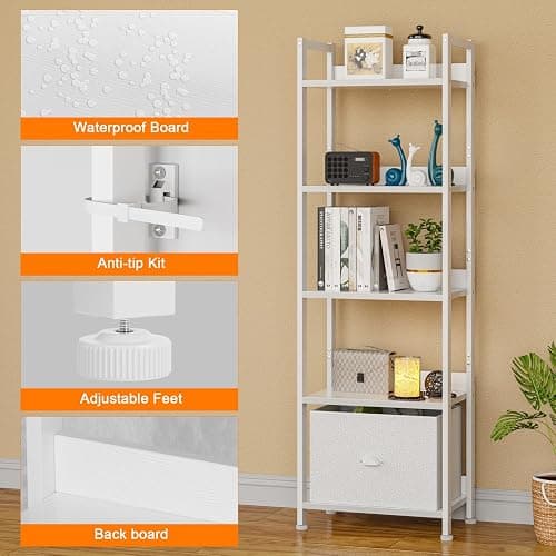 Furologee 5 Tier Bookshelf with Drawer, Tall Narrow Bookcase with Shelves, Wood and Metal Book Shelf Storage Organizer, Modern Display Standing Shelf Unit for Bedroom, Living Room, Office, White thumbnail 4