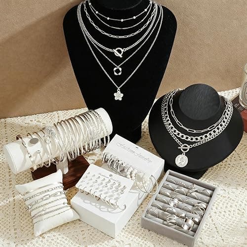 17 MILE 78 Pieces Gold Jewelry Set for Women, 9 Necklace, 24 Bracelet, 22 Earrings, 23 Knuckle Rings Gold Plated Jewerly set for Women Gift thumbnail 7