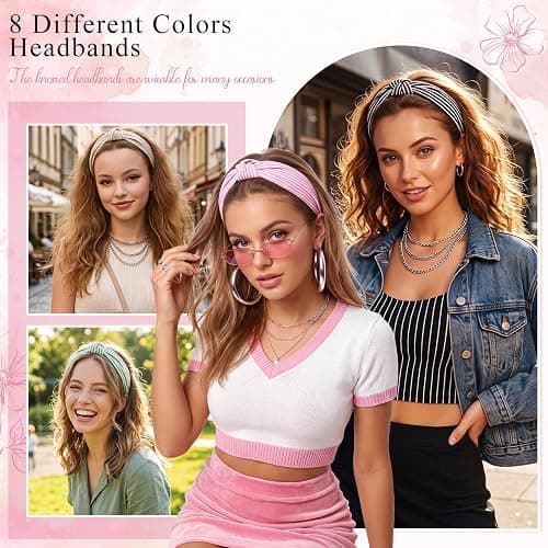 obeoby 8 Pack Stripe Knot Headbands for Women Girls, Non-Slip | Y2K Style HairBand, Retro Striped Design, for Retro Parties, School,Comfortable Fit, Holds Hair Neatly in Place Daily at Home thumbnail 7