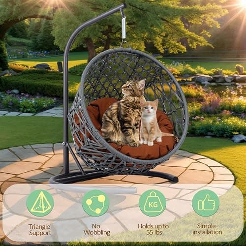 anwickjeff Cat Swing Bed with Steel Stand - Egg Chair with Rattan Wicker & Soft Cushion, Indoor Hanging Pet Bed for Kitten, Puppy, Small Dogs (Brown) thumbnail 7