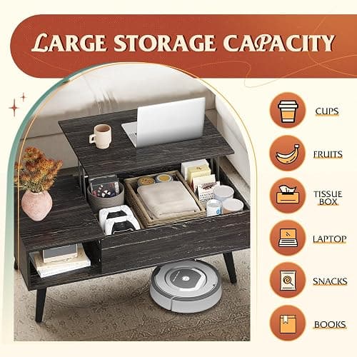 WLIVE Coffee Table for Living Room, Lift Top Coffee Table with Storage, Small Rising Wooden Dining Center Table with Storage Shelf & Hidden Compartment, 39" Black Oak thumbnail 5