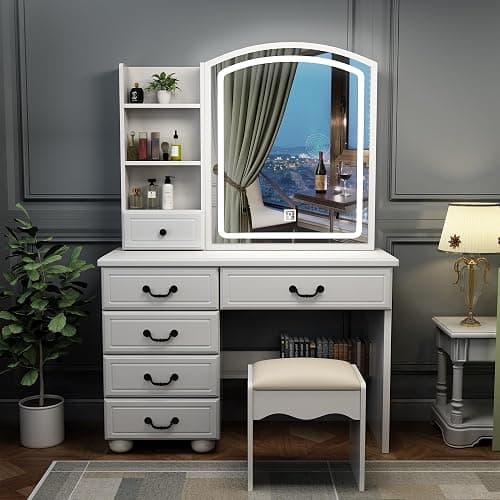 Runboll Makeup Vanity Desk with Mirror and Lights, Dressing Table Set with Stool, Makeup Table with 6 Drawers and Shelves Storage, 3 Lighting Modes, Brightness Adjustable thumbnail 8