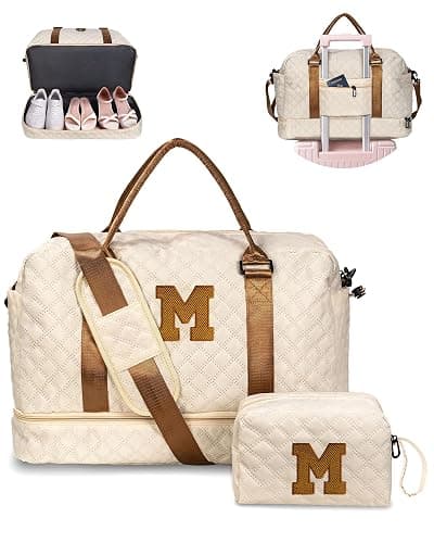 Vogewood Gifts for Daughter - Initial Personalized Weekender Letter Travel Bag with Makeup Bag, Shoe Compartment, Sister Friend Girlfriend Gifts (Letter M) - Image 1