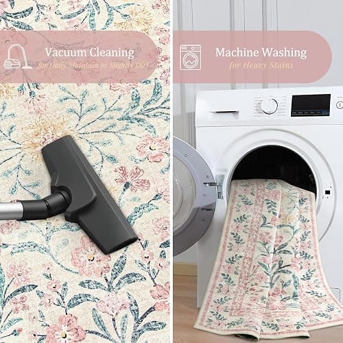 Morebes Floral Pink Rugs for Bedroom Girls, Washable 5x7 Large Area Rug for Living Room Non Slip, Vintage Low-Pile Indoor Floor Boho Flower Carpet for Kids Nursery Playroom, Light Pink&Green - Pink - 5' x 7' (Rectangular) thumbnail 5