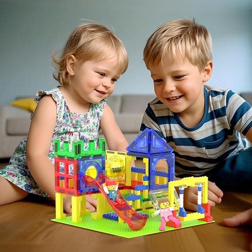 PicassoTiles Magnetic Tiles Slide & Swing Playground Building Block with 2 Character Action Figures Magnet Tile Construction Bricks Sensory Toys STEM Learning Educational Toy Kit Boy Girl Age 3+ PTQ30 - SlideSwing thumbnail 2