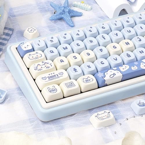 COOMICKEY PBT Keycaps - Cute Keycaps Blue White 60 65 75 100 Percent, Kawaii Anime Cat Key caps Custom 130 Keys, MOA Profile for 61/68/84/87/98/100 Cherry Gateron MX Mechanical thumbnail 7