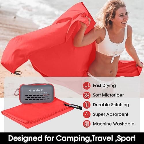 4Monster Camping Towels Super Absorbent, Fast Drying Microfiber Travel Towel, Quick Dry Ultra Soft Compact Gym Towel for Swimming Beach Hiking Yoga Travel Sports Backpack (47.00" x 23.60", Red) thumbnail 4