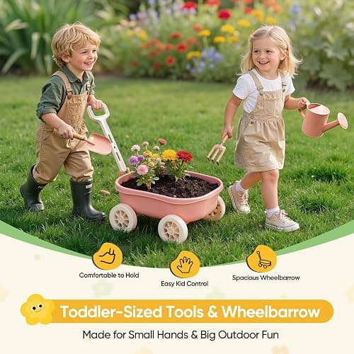 Grenebo Kids Gardening Set with Wheelbarrow, 11-Piece Outdoor Yard, Beach, STEM Garden Play Kit with Child-Sized Tools, Durable, Safe & Fun Gift Toy for Ages 2+ Kids Toddlers Boys Girls (Pink) thumbnail 5