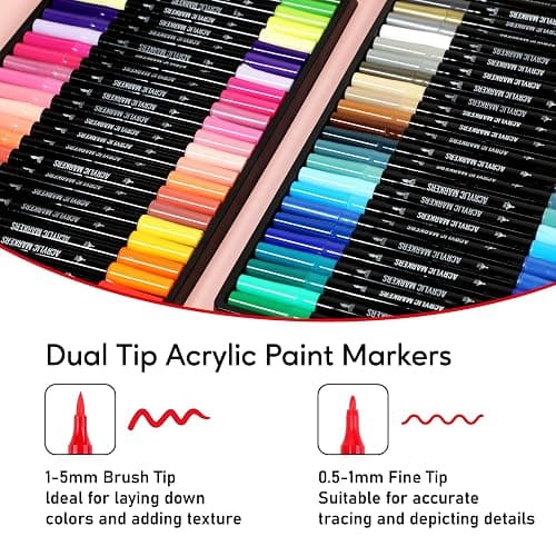 Pagather 48 Colors Acrylic Paint Markers, Dual Tip with Fine Tip and Brush Tip Pens for Stone, Wood, Calligraphy, Canvas, Ceramic, Metal, Glass, Rock Painting, DIY Crafts thumbnail 3