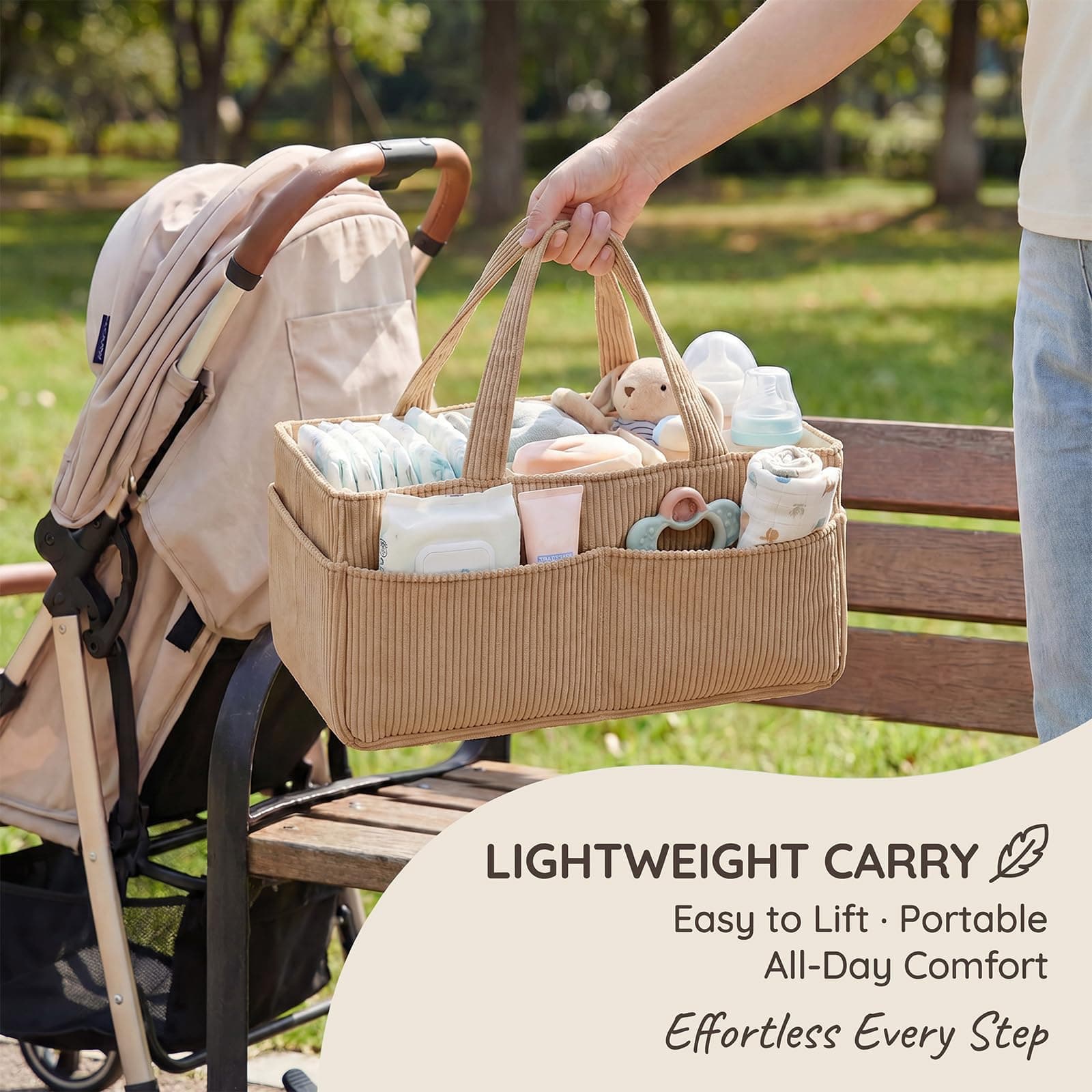Baby Nappy Caddy Organiser Stylish Corduroy Nursery Storage Basket with Handle for Newborn Essentials, Baby Shower and Diaper Station Sand (Light brown, 1Pc) thumbnail 2