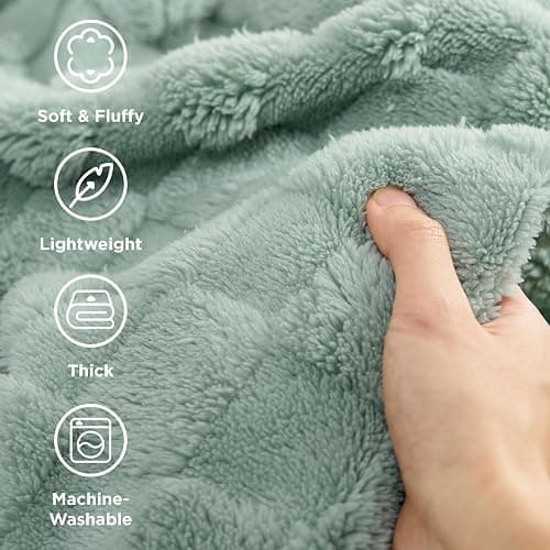 Bedsure Queen Size Blanket for Bed - Soft Fleece Checkered Blankets, Warm Cozy Thick Fluffy Fuzzy Plush Gifts for Women Girls, Fall Living Room Home Decor, Sage Green，90x90 thumbnail 4