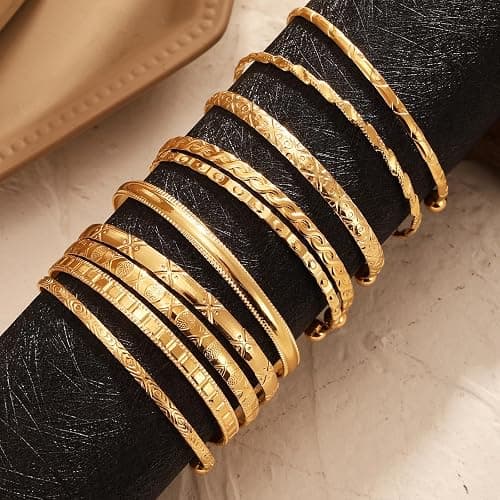 IFKM Gold Bangles Bracelets For Women, 14k Gold Plated Multi Layer Stackable Open Bracelet Set, Elegance Trendy Charms Non Tarnish Minimalist Textured Boho Jewelry Gift for Women thumbnail 6