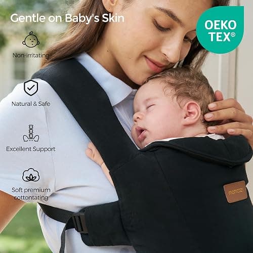 Momcozy Newborn Carrier WeeSnug- Lightweight and Cozy Comfort for 7-25 lbs, Ergonomic Cross-Back Support, Effortless to Put On, Hands-Free Baby Carrier with Lumbar Support, Black thumbnail 4