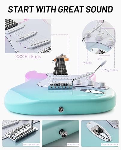 Leo Jaymz Beginner Electric Guitar 39” Kit with Portable Amplifier, Padded Gig Bag, Digital Tuner，Capo，Strap，Picks，Classic SSS Pickups(Pink-Cyan Fade-SSS) thumbnail 5