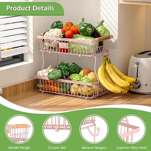 Astrorhine 2 Tier Fruit Basket for Kitchen Counter with 2 Banana Hangers, Countertop Metal Fruit Bowl with Wooden Handle, Large Storage Stand for Vegetables, Snacks, Breads, Produce Storage – Pink thumbnail 6
