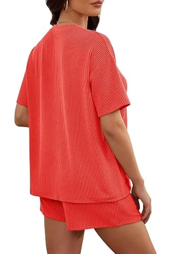 RUBZOOF Women's 2 Piece Sets Short Sleeve Outfits Ribbed Textured Knit Lounge Shorts Set Oversized Tracksuit Matching Sets thumbnail 5