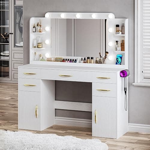 ALEXNUTRE Makeup Vanity Desk with Lights, 45.5" Large Vanity with Mirror and Lights in 3 Models, Vanity with Power Outlet, Vanity Desk with 5 Drawers, 2 Cabinets, Shelves for Bedroom, White thumbnail 7