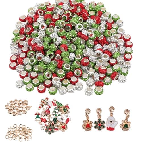 200 Piece Christmas Bead Kit - Large Hole, 180 Rhinestone European Beads, 20 Cute Christmas Pendants for DIY Bracelet Jewelry Making (Red, Green, White) - Image 1