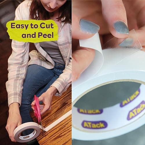 ATack Clear Double-Sided Tape, Easy Tear by Hand, 2 Inches x 30 Yards, Wall Safe Heavy Duty Double Sides Self Sticky Wall Fabric Tape for Wood Templates, Furniture, Leather, Curtains and Craft thumbnail 5