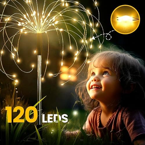 GIGALUMI Garden Decor Outdoor Lights 120LED 2Pack, Solar Garden Lights for Christmas Outside Fairy Firework Decorative,Solar Powered for Yard Pathway Flowerbed Planter Balcony Patio Decor (Warm White thumbnail 8